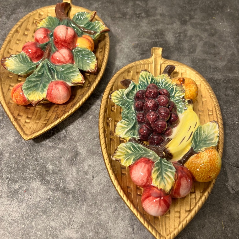Vintage Fruit and Basket Ceramic Wall Hanging Set